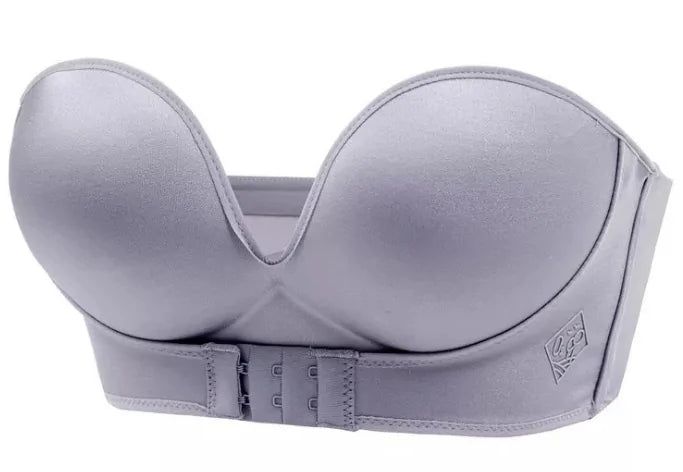 Front & Back Buckle Push - Up Bra: Deep V Strapless Design, Wire - Free, Thicken Lingerie - Alex's Store - Gray - 