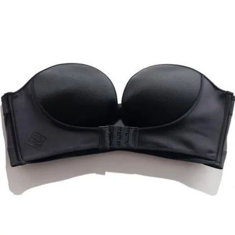 Front & Back Buckle Push - Up Bra: Deep V Strapless Design, Wire - Free, Thicken Lingerie - Alex's Store - Black - 